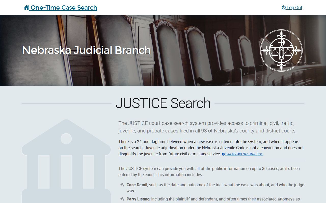 Dundy County docket search through the Nebraska JUSTICE Search gateway