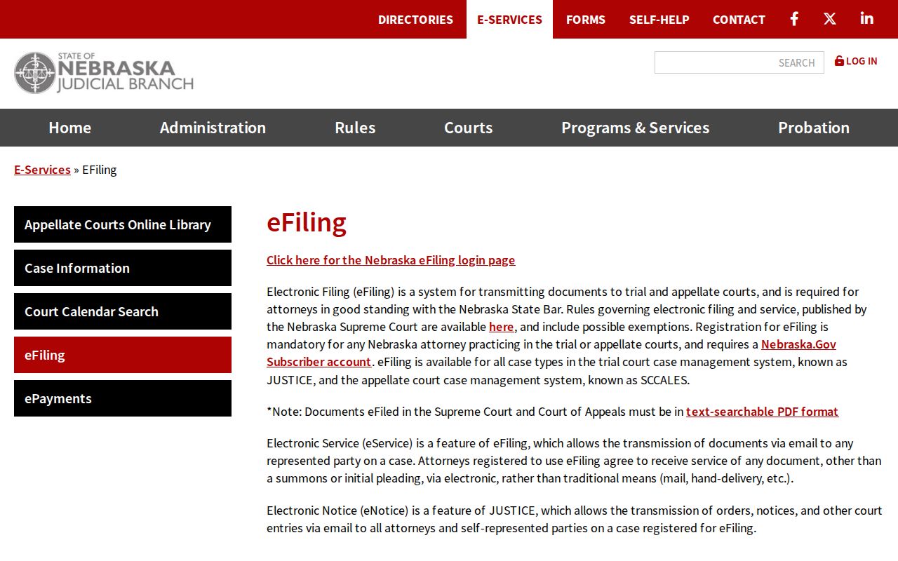 Dundy County docket search context for Nebraska eFiling and JUSTICE