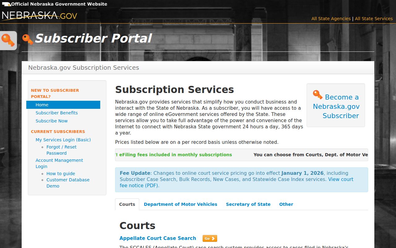 Dundy County docket search access through Nebraska.Gov subscriber services