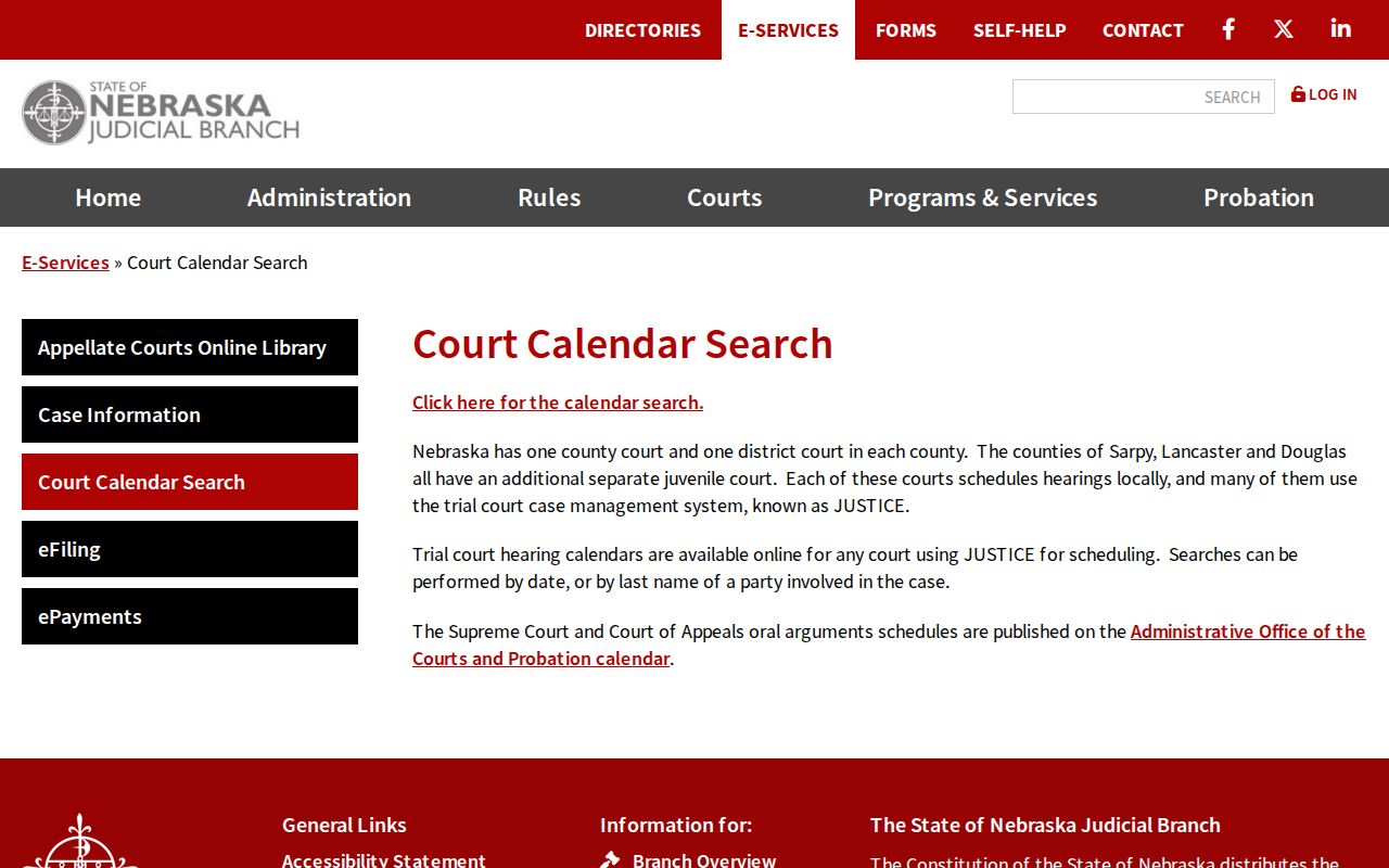 Dundy County court schedule information from the Nebraska Judicial Branch calendar landing page