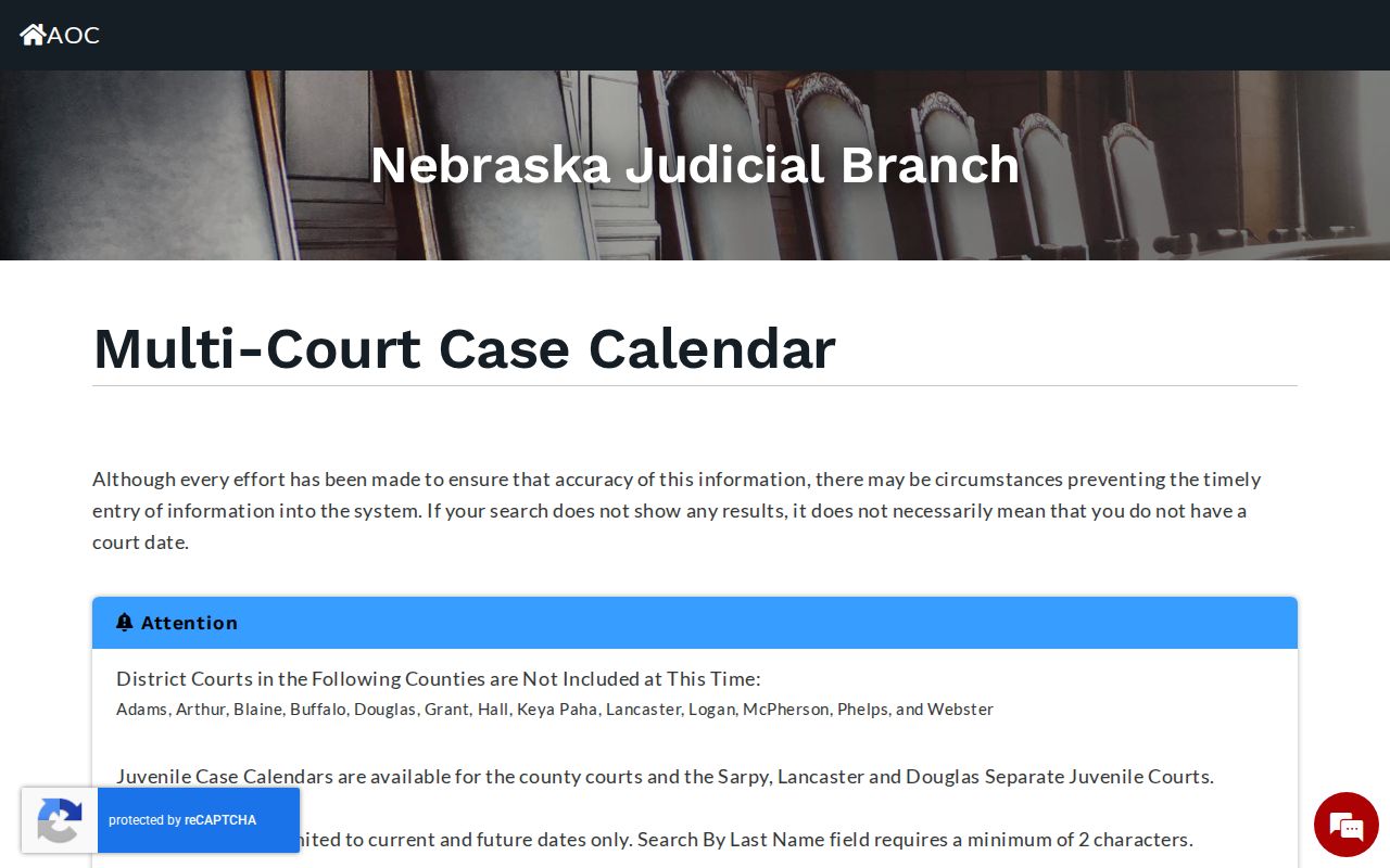 Dundy County court schedule search interface for statewide hearing calendar access