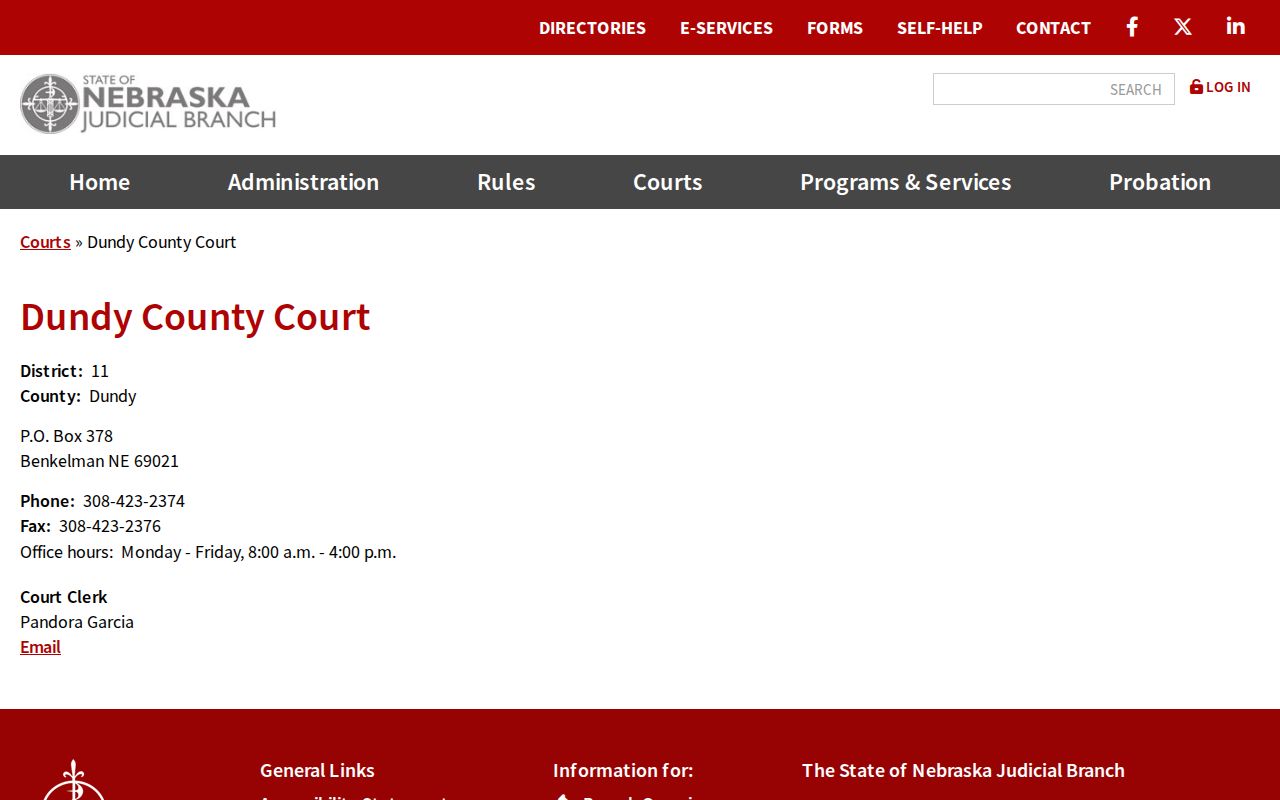 Dundy County Court contact page for court schedule and hearing verification