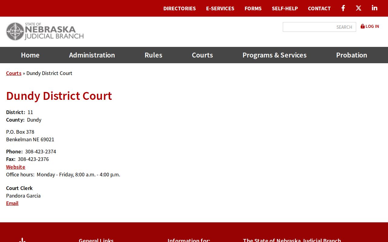 Dundy County District Court contact page for court schedule confirmation